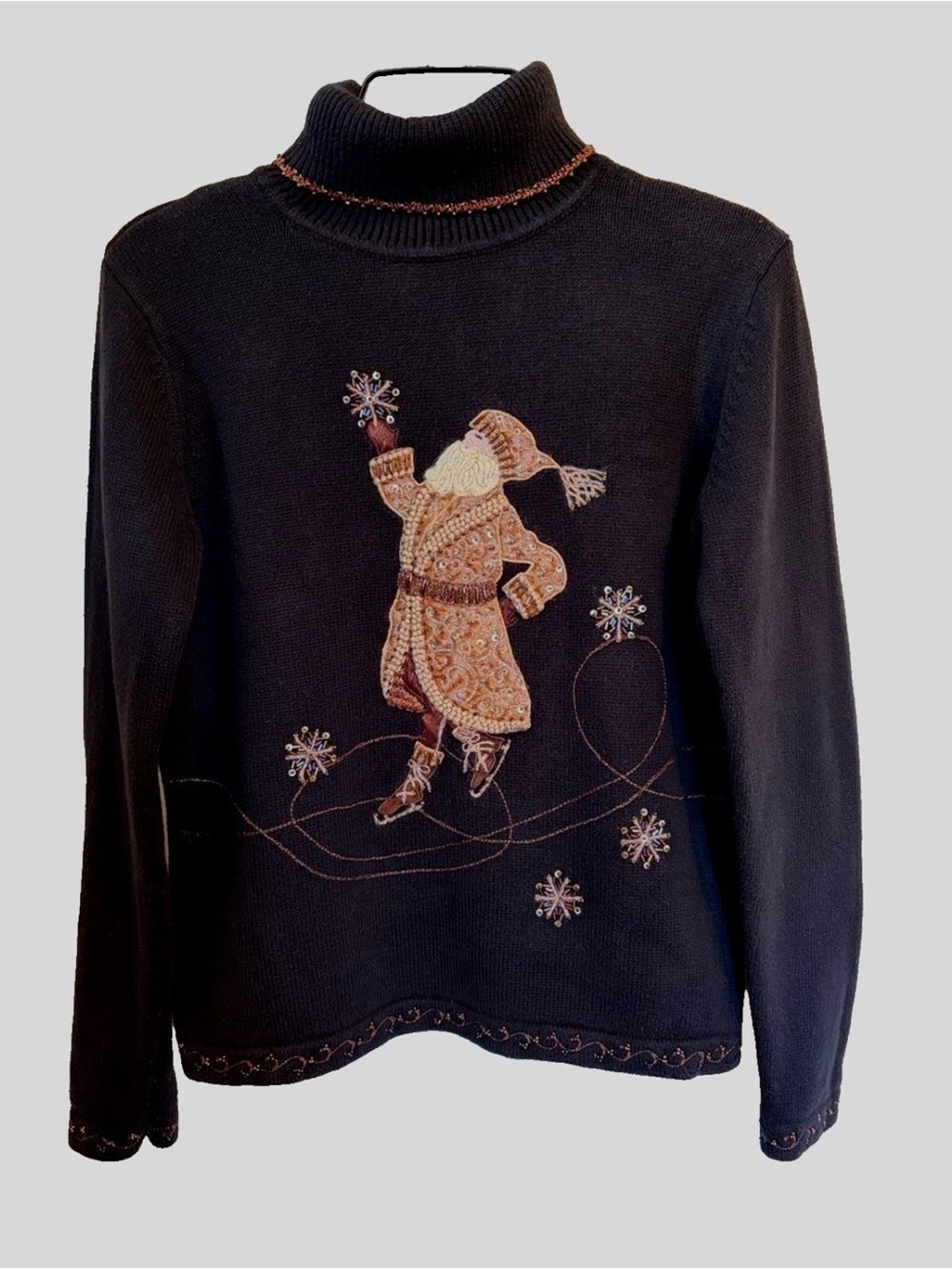 Talbots Old World Santa Christmas Sweater M Black Beaded Embellished Ice Skating